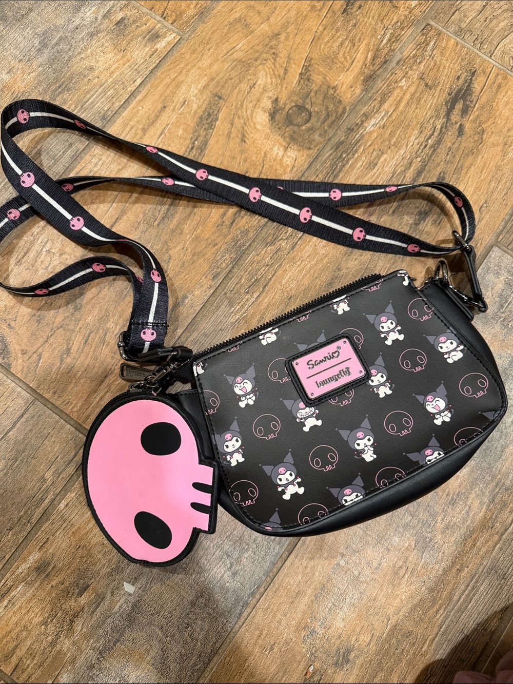Loungefly Black and Pink Kuromi Crossbody Bag with Skull Charm